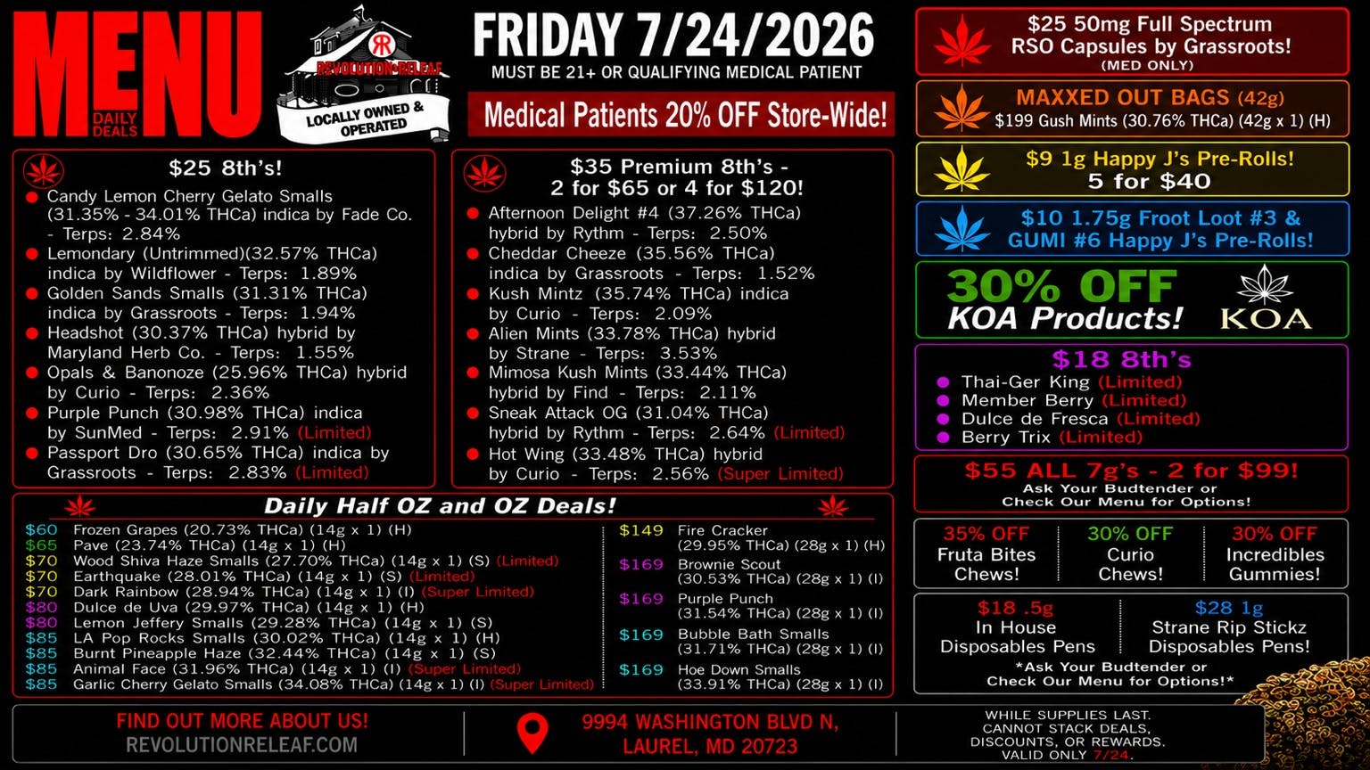 Revolution Releaf - Laurel $25 8ths, $35 Premium 8ths, $55 7gs & More!