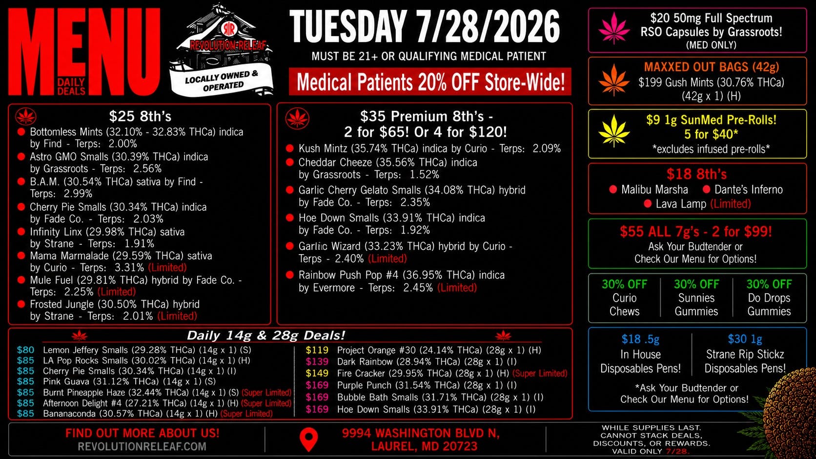 Revolution Releaf - Laurel $25 8ths, $35 Premium 8ths, $55 7gs & More!