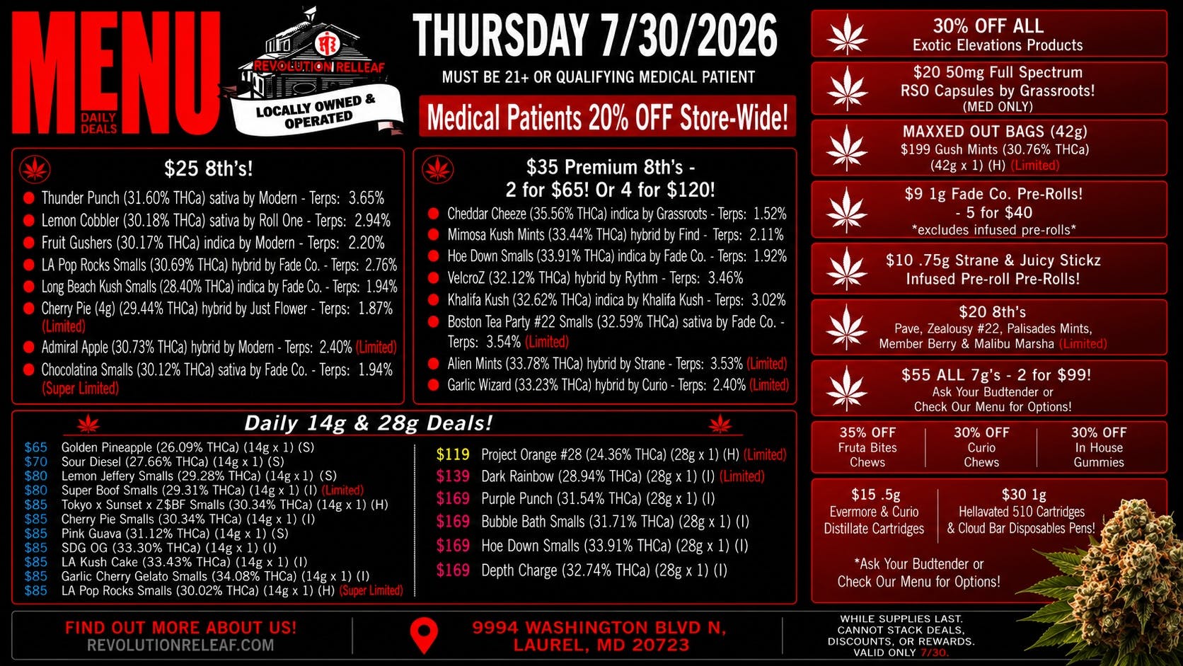Revolution Releaf - Laurel $25 8ths, $35 Premium 8ths, $55 7gs & More!
