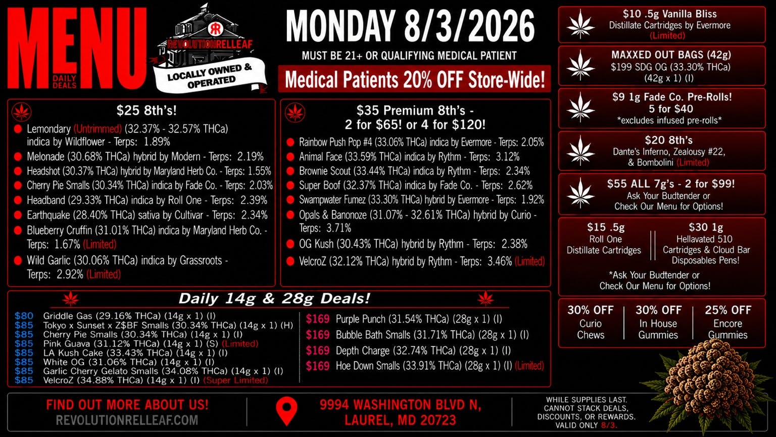 Revolution Releaf - Laurel $25 8ths, $35 Premium 8ths, $55 7gs & More!