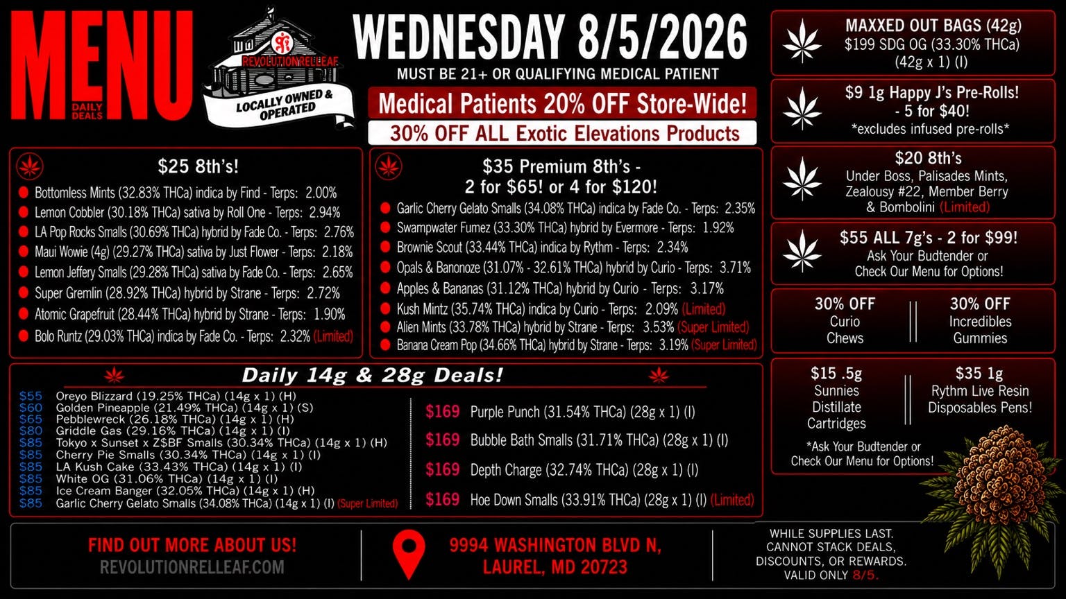 Revolution Releaf - Laurel $25 8ths, $35 Premium 8ths, $55 7gs & More!
