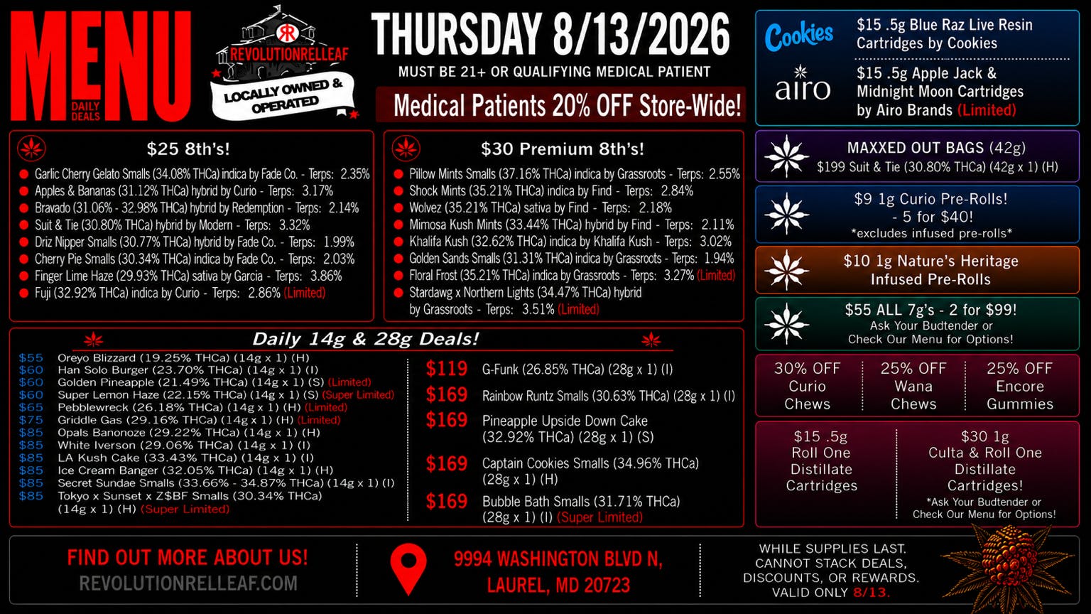 Revolution Releaf - Laurel $25 8ths, $35 Premium 8ths, $55 7gs & More!