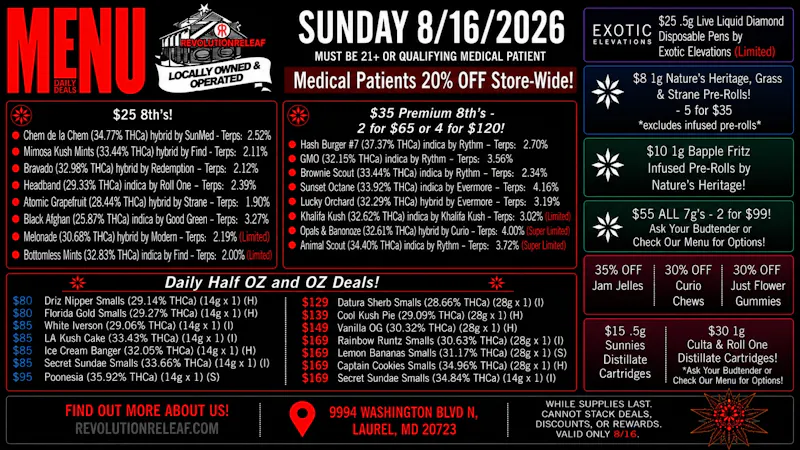 Revolution Releaf - Laurel $25 8ths, $35 Premium 8ths, $55 7gs & More!