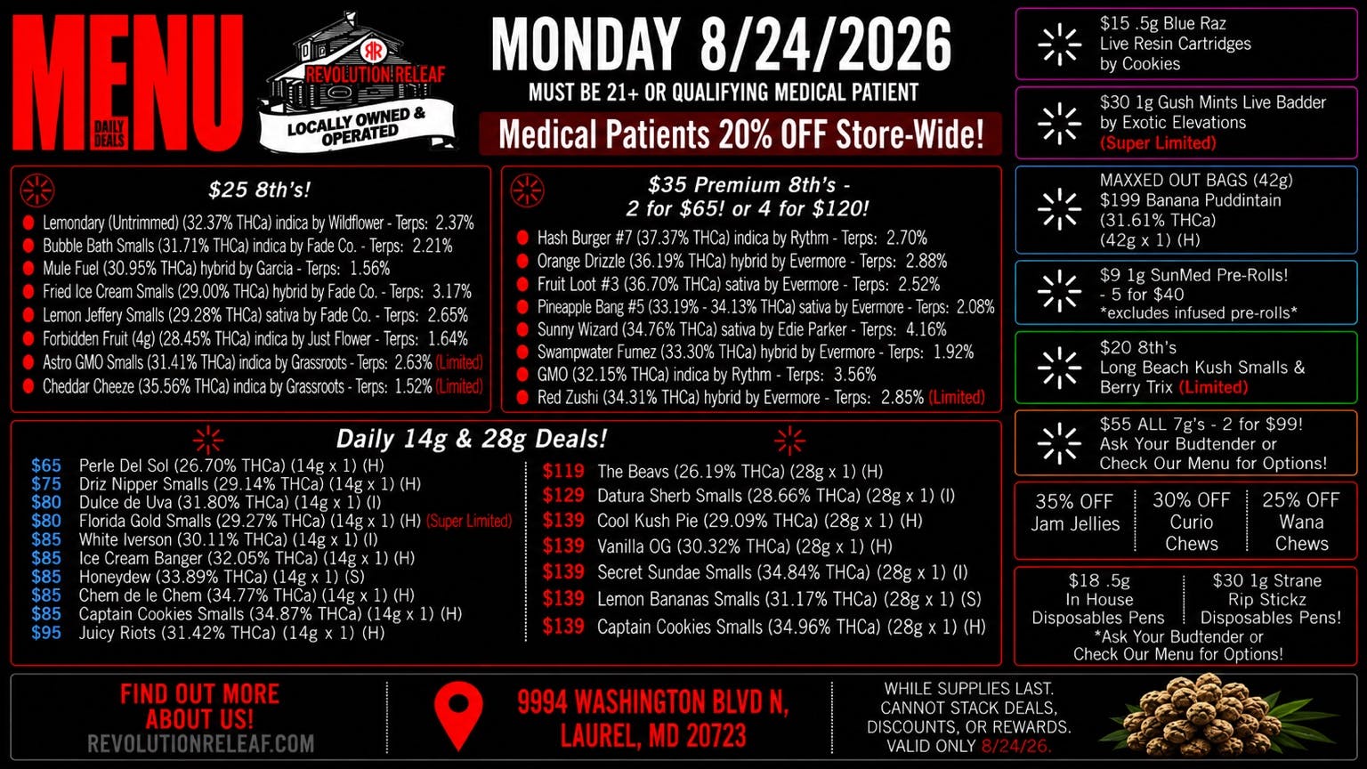Revolution Releaf - Laurel $25 8ths, $35 Premium 8ths, $55 7gs & More!