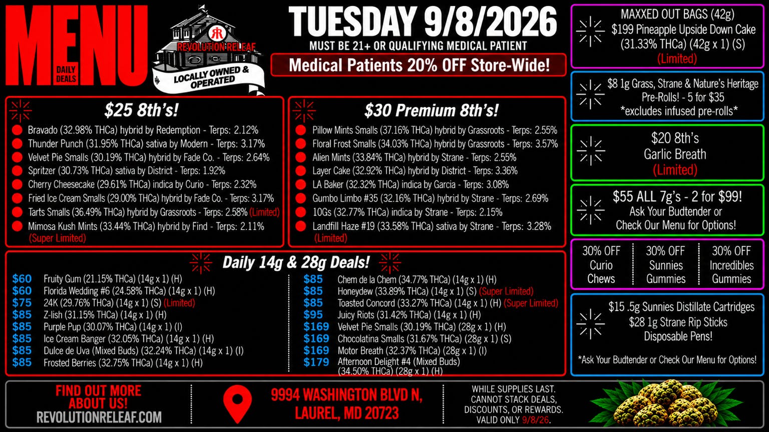 Revolution Releaf - Laurel $25 8ths, $30 Premium 8ths, $55 7gs & More!