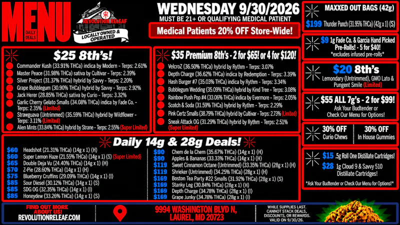 Revolution Releaf - Laurel $25 8ths, $35 Premium 8ths, $55 7gs & More!
