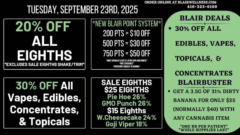 Blair Wellness Center $15 SALE! 20% OFF Eighths! 30% OFF Processed!