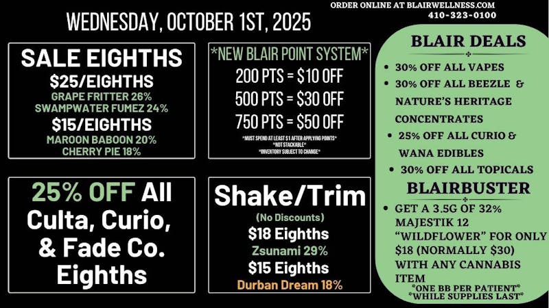 Blair Wellness Center $15-$25 SALE! 25% OFF Select 3.5gs! 30% OFF Vapes!