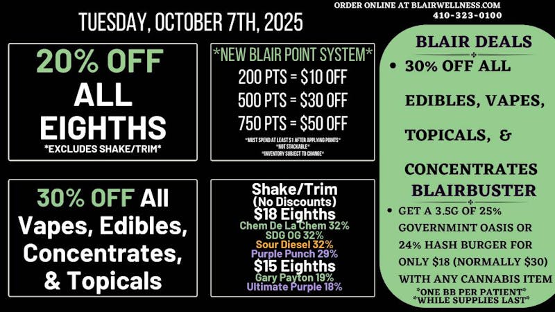 Blair Wellness Center 20% OFF Eighths! 30% OFF Processed Products!