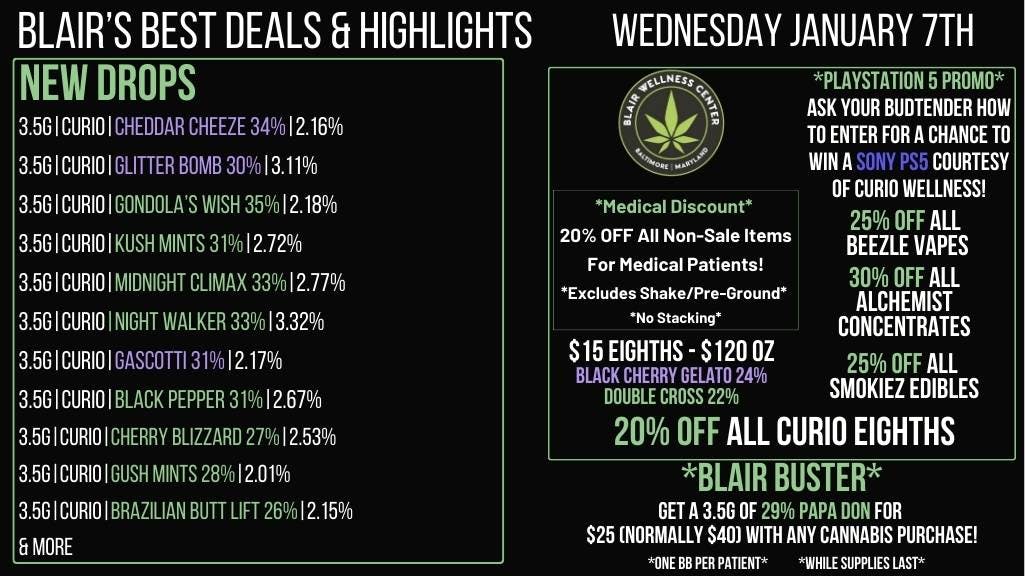 Blair Wellness Center $15 SALE! 20% OFF Curio 3.5g! 25-30% OFF + MORE!