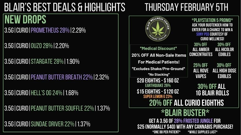 Blair Wellness Center $15 SALE! 20% OFF Curio 3.5g's! 30% OFF + MORE!