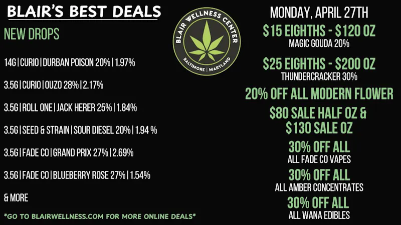 Blair Wellness Center $15 SALE Eighths + MORE!