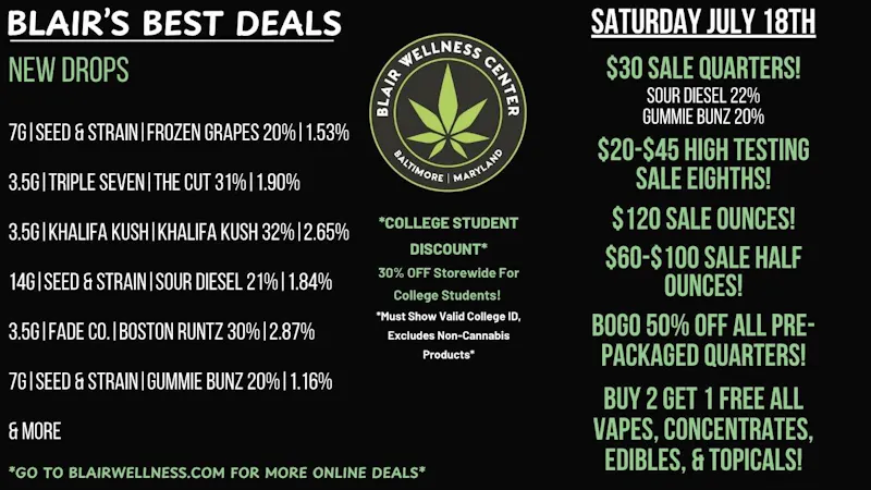 Blair Wellness Center $30 Quarters! $20 Eighths! $60 14gs! + MORE!