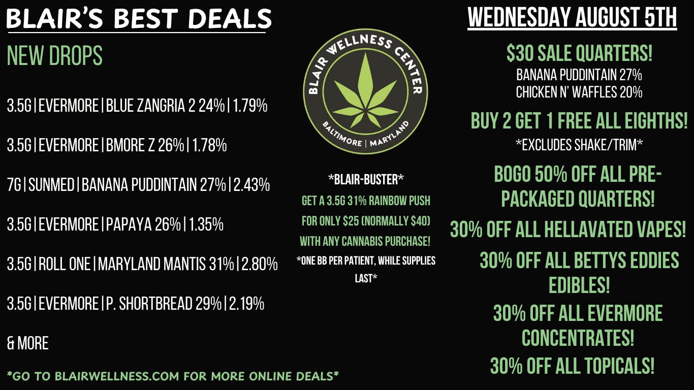 Blair Wellness Center $30 Quarters! Buy 2 Get 1 FREE Eighths! 30% OFF!