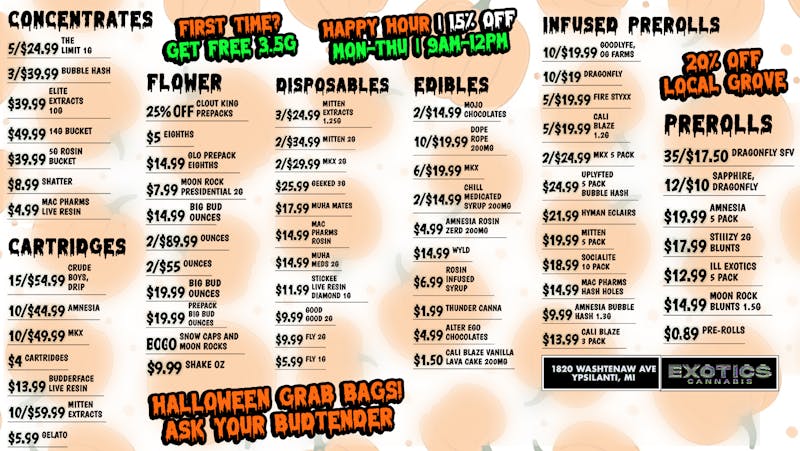 Exotics Cannabis - Ypsilanti 12/$10 prerolls , $20 5g Buckets , 10 Shake OZ