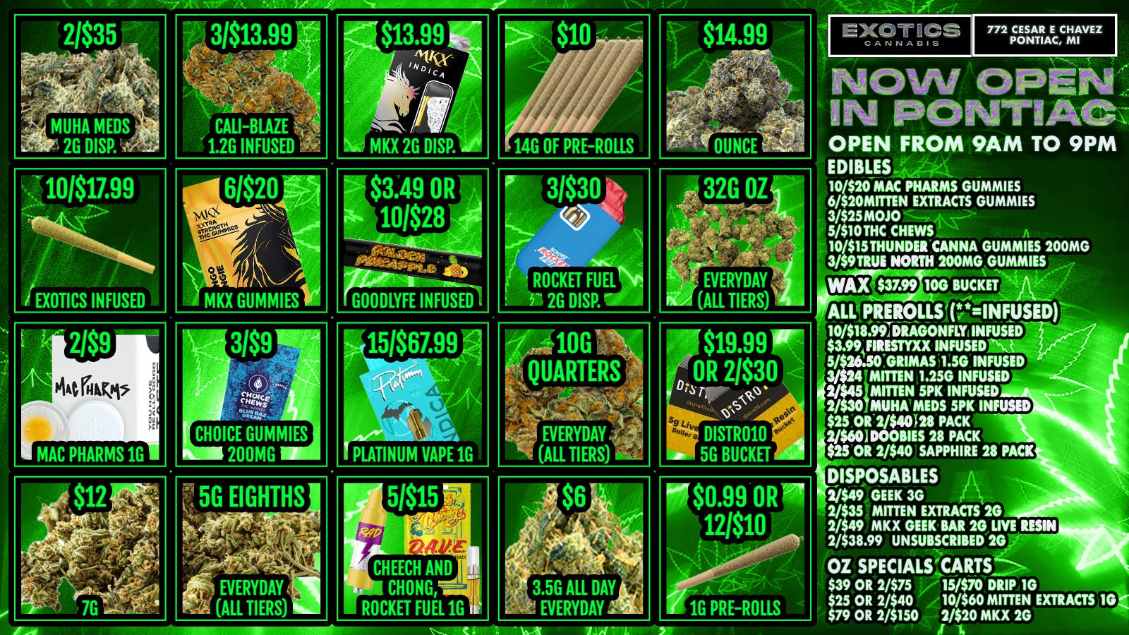 Exotics Cannabis - Pontiac NOW OPENED!! $6 Eighths,$12 7g's,$14.99 Ounces, | NOW OPEN!