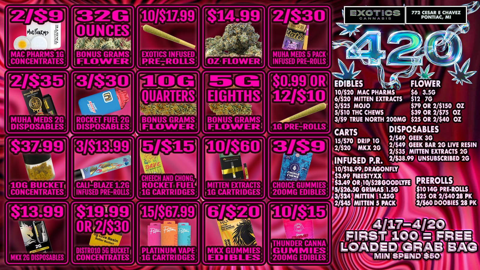 Exotics Cannabis - Pontiac NOW OPENED!! 🔥 $11.99 BIG BUD OZ | $6 5G 8ths🔥 4/20 DEALS!!!