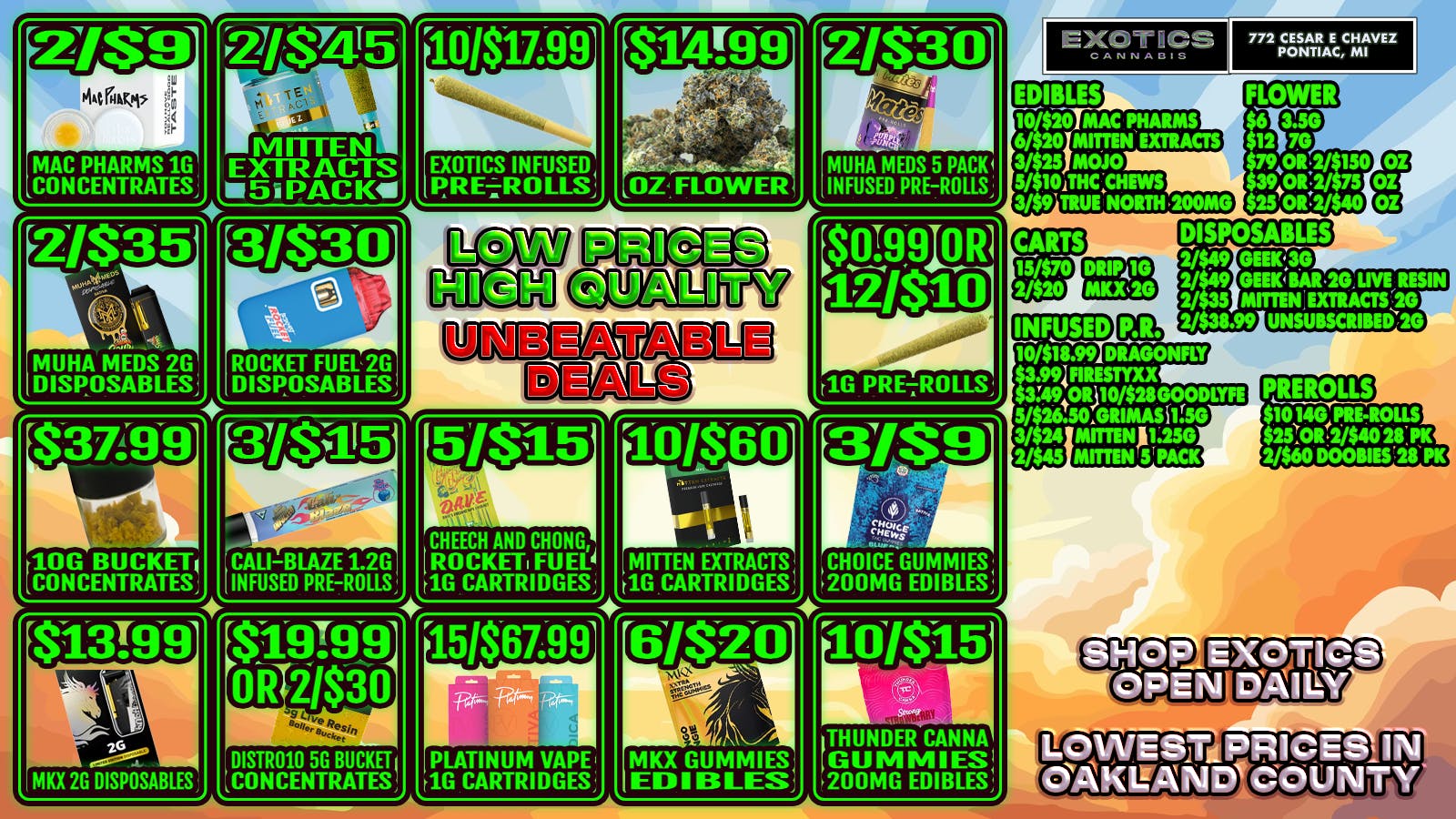 Exotics Cannabis - Pontiac NOW OPENED!! 🔥$6 for 5Gs NOW OPEN PONTIAC🔥$11.99 BIG BUD OZ