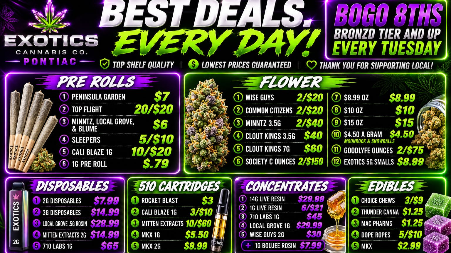 Exotics Cannabis - Pontiac NOW OPENED!! $8.99 Big Bud Ounces🔥Up to 30% OFF DELI FLOWER🔥