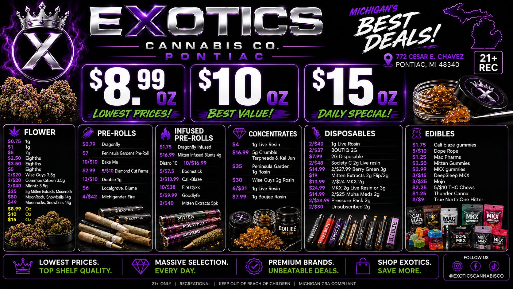 Exotics Cannabis - Pontiac NOW OPENED!! $7.99 1g ROSIN | 15/$59 PV CARTS | $7.99 2g AIO