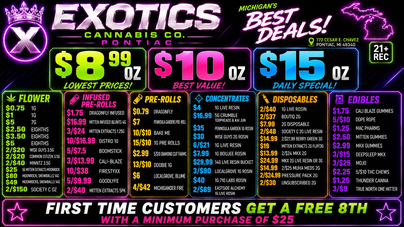 Exotics Cannabis - Pontiac NOW OPENED!! $7.99 1g ROSIN | 15/$59 PV CARTS | $7.99 2g AIO