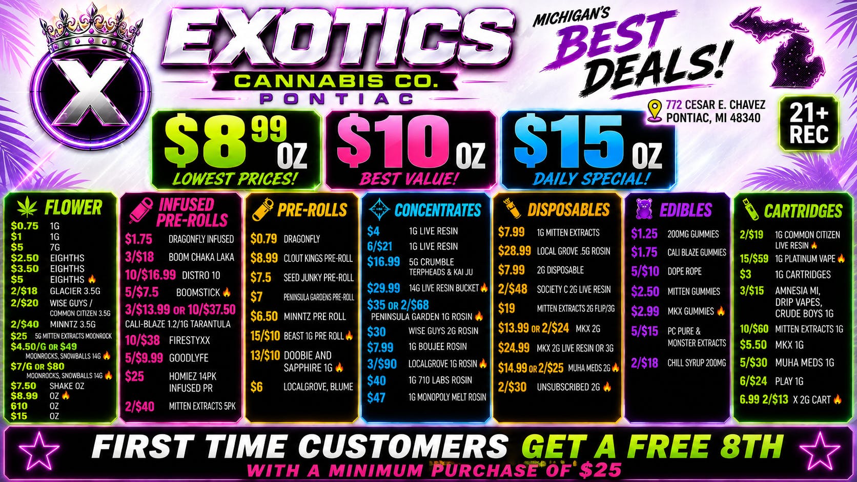 Exotics Cannabis - Pontiac NOW OPENED!! 🔥20% OFF JEETER | UP TO 30% OFF DELI | $8.99 OZ🔥
