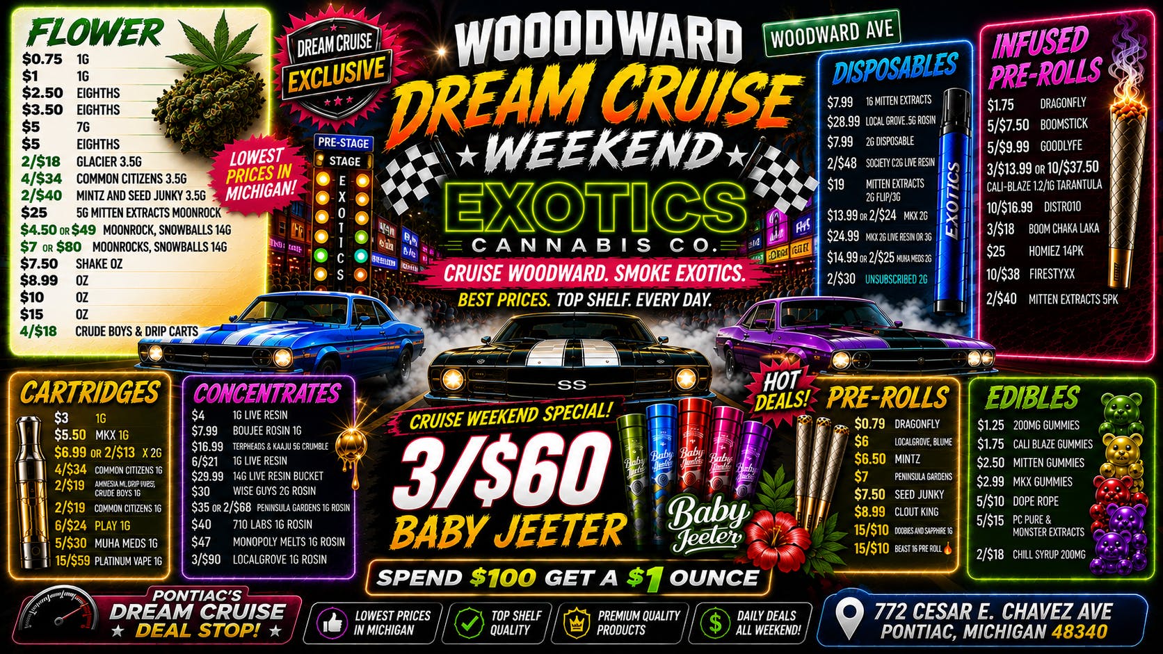 Exotics Cannabis - Pontiac NOW OPENED!! SPEND $100 = FREE OZ |🔥 3/$60 BABY JEETERS🔥