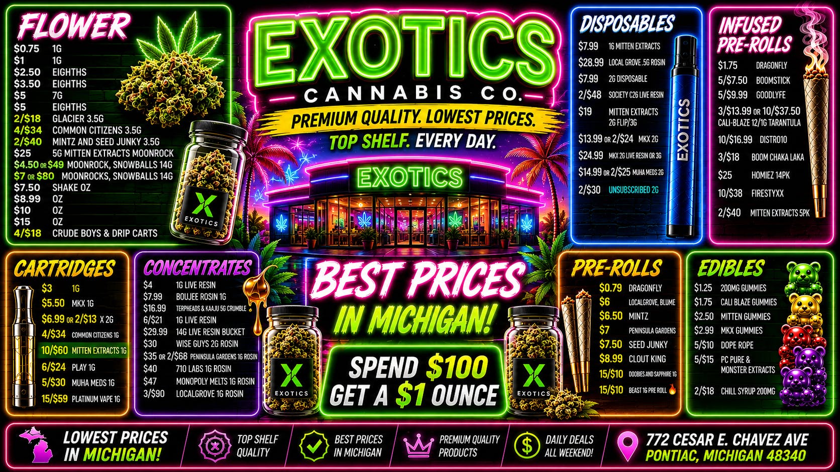 Exotics Cannabis - Pontiac NOW OPENED!! SPEND $100 = FREE OZ |🔥 3/$60 BABY JEETERS🔥