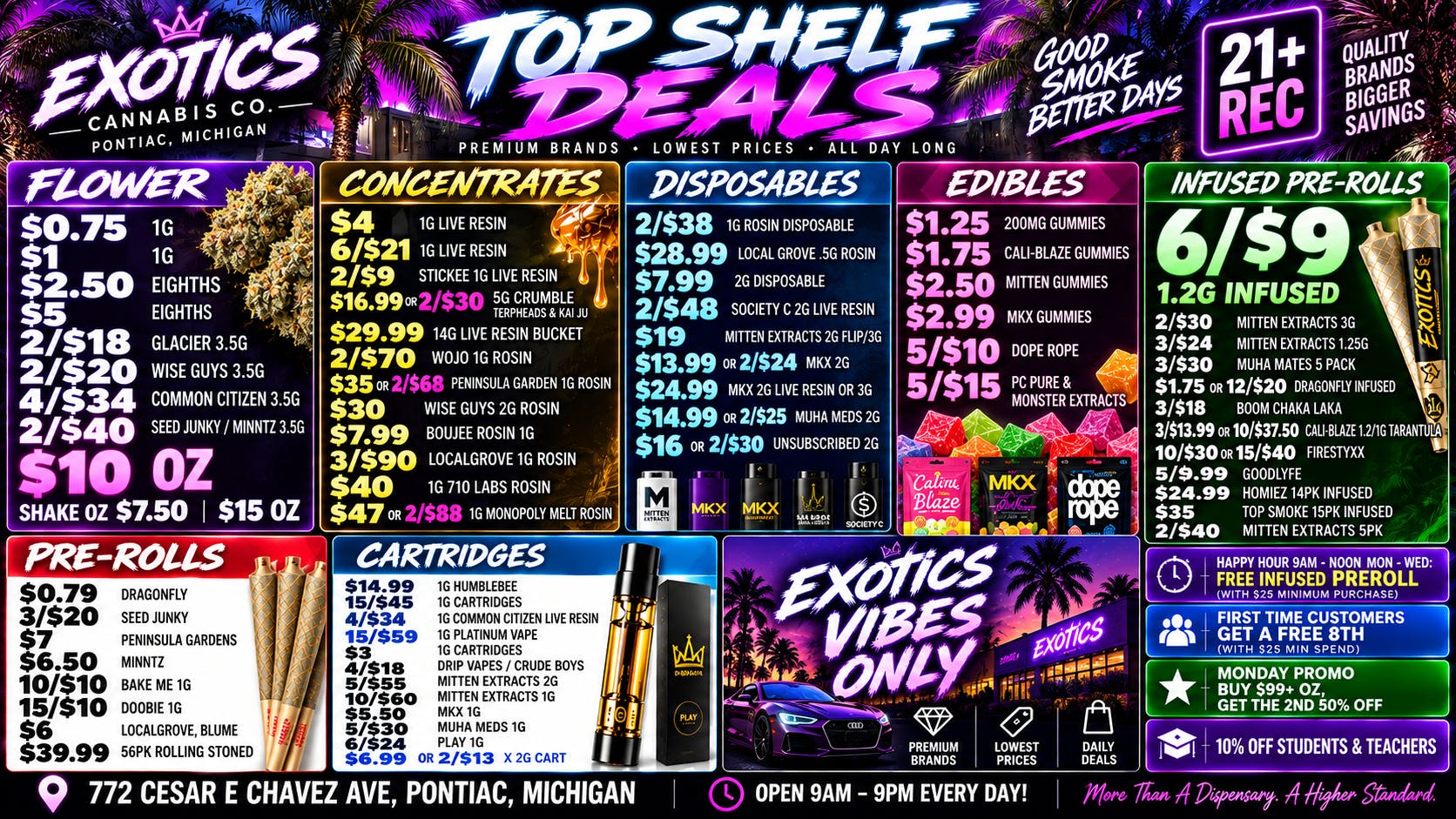 Exotics Cannabis - Pontiac NOW OPENED!! 🔥BOGO 8THS TUESDAY| 6/$9 1.2g Infused Pre-Rolls🔥