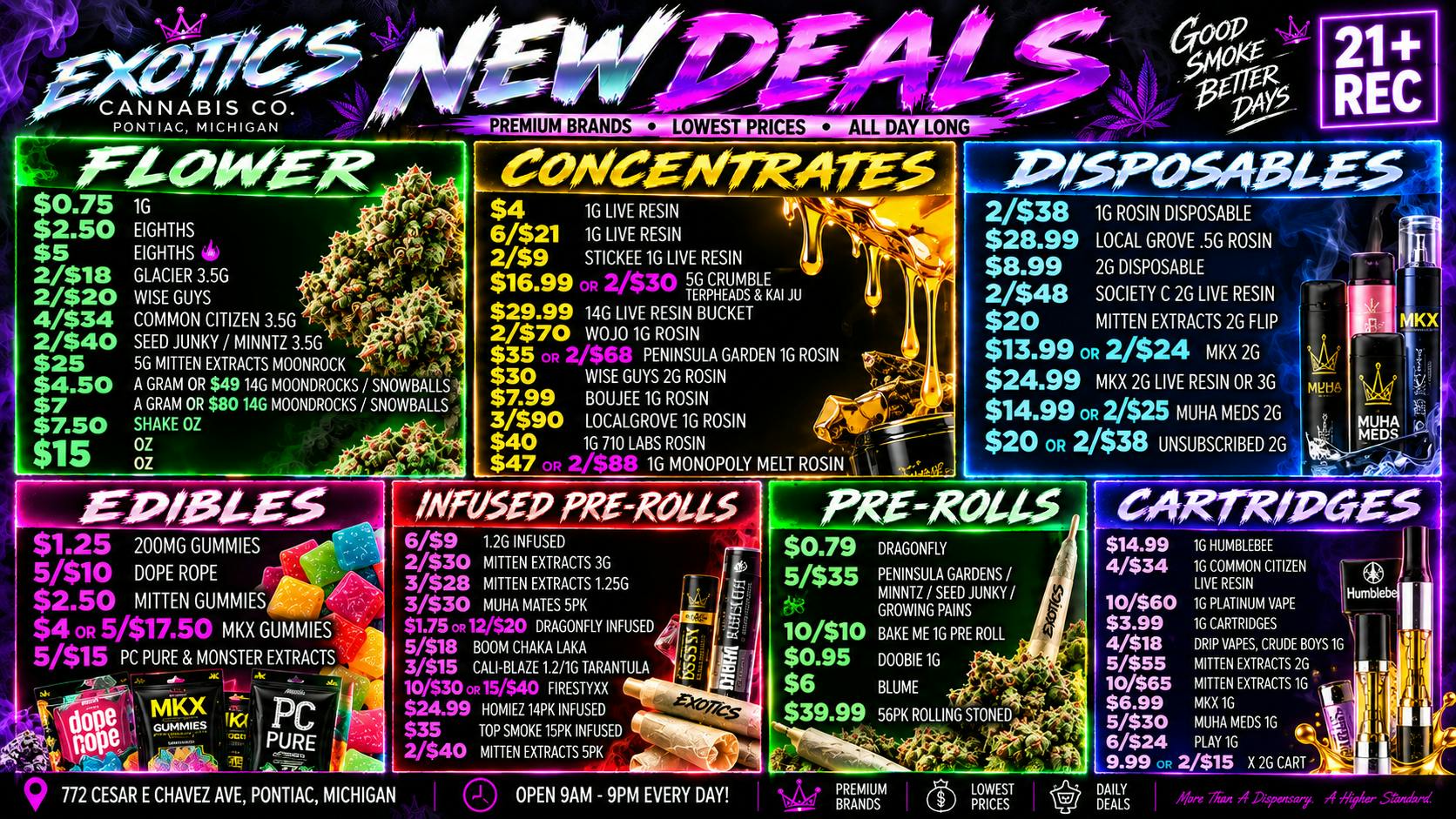 Exotics Cannabis - Pontiac NOW OPENED!! NEW DEALS🔥6/$9 1.2g Infused Pre-Rolls🔥