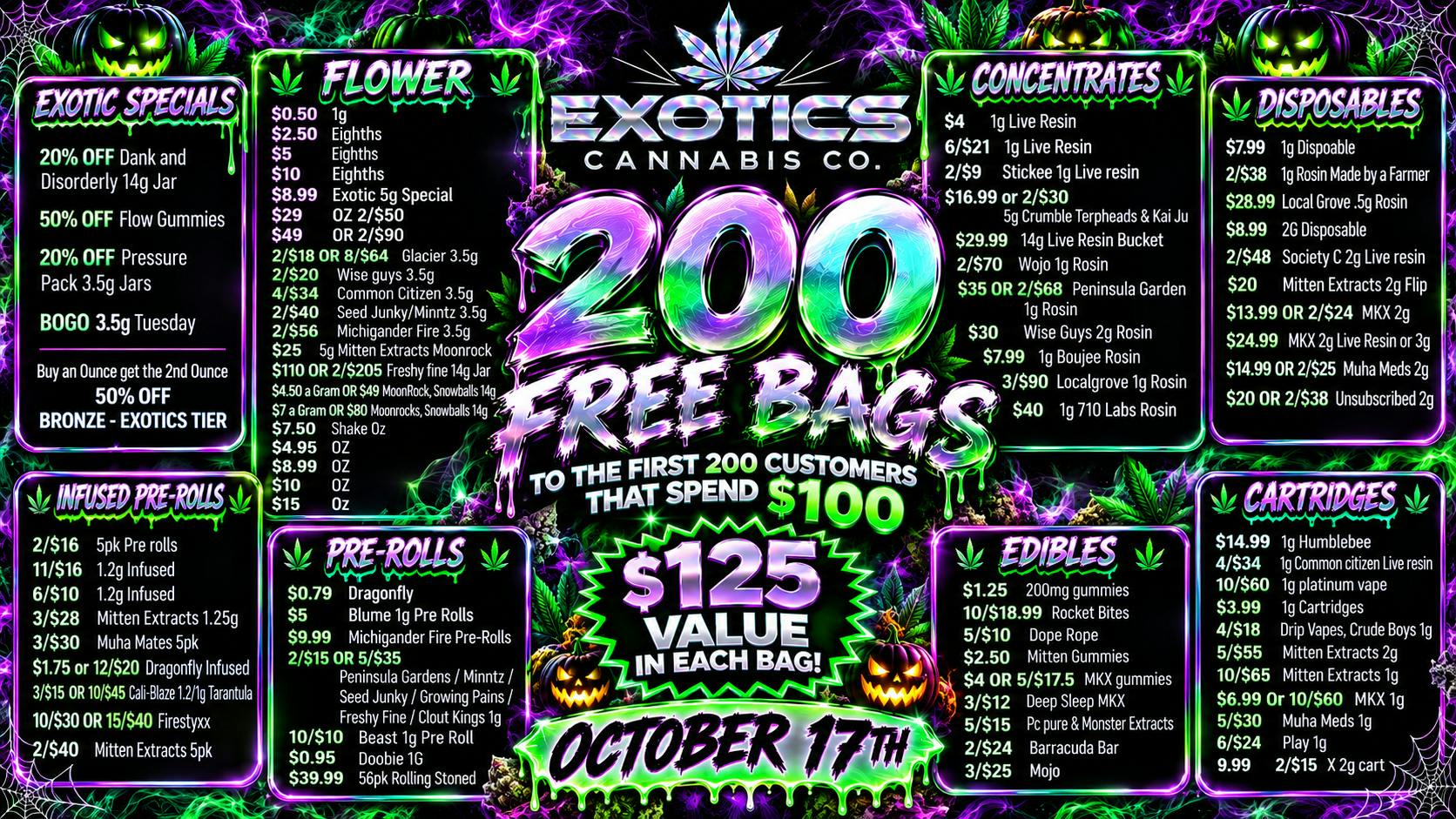 Exotics Cannabis - Pontiac NOW OPENED!! 🎃 $4.95 OZ SPECIAL 🟠50% OFF MITTEN EXTRACTS🟠