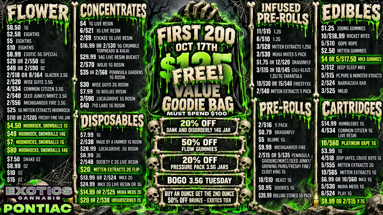 Exotics Cannabis - Pontiac NOW OPENED!! 🎃 $4.95 OZ SPECIAL 🟠LOWEST PRICES IN MICHIGAN🟠