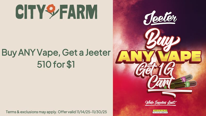 City Farm by Silver Therapeutics - Roslindale Buy ANY Vape, Get a Jeeter 1g Cart for $1