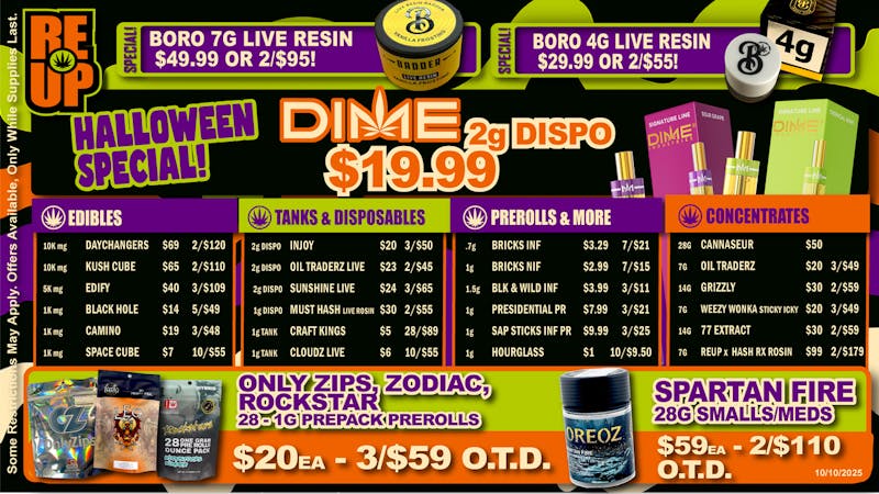 RE-UP Cannabis Dispensary - Broken Arrow 🎃 RE-UP SPOOKY DEALS: DIME 2G $19.99 • ALL OTD 🍬