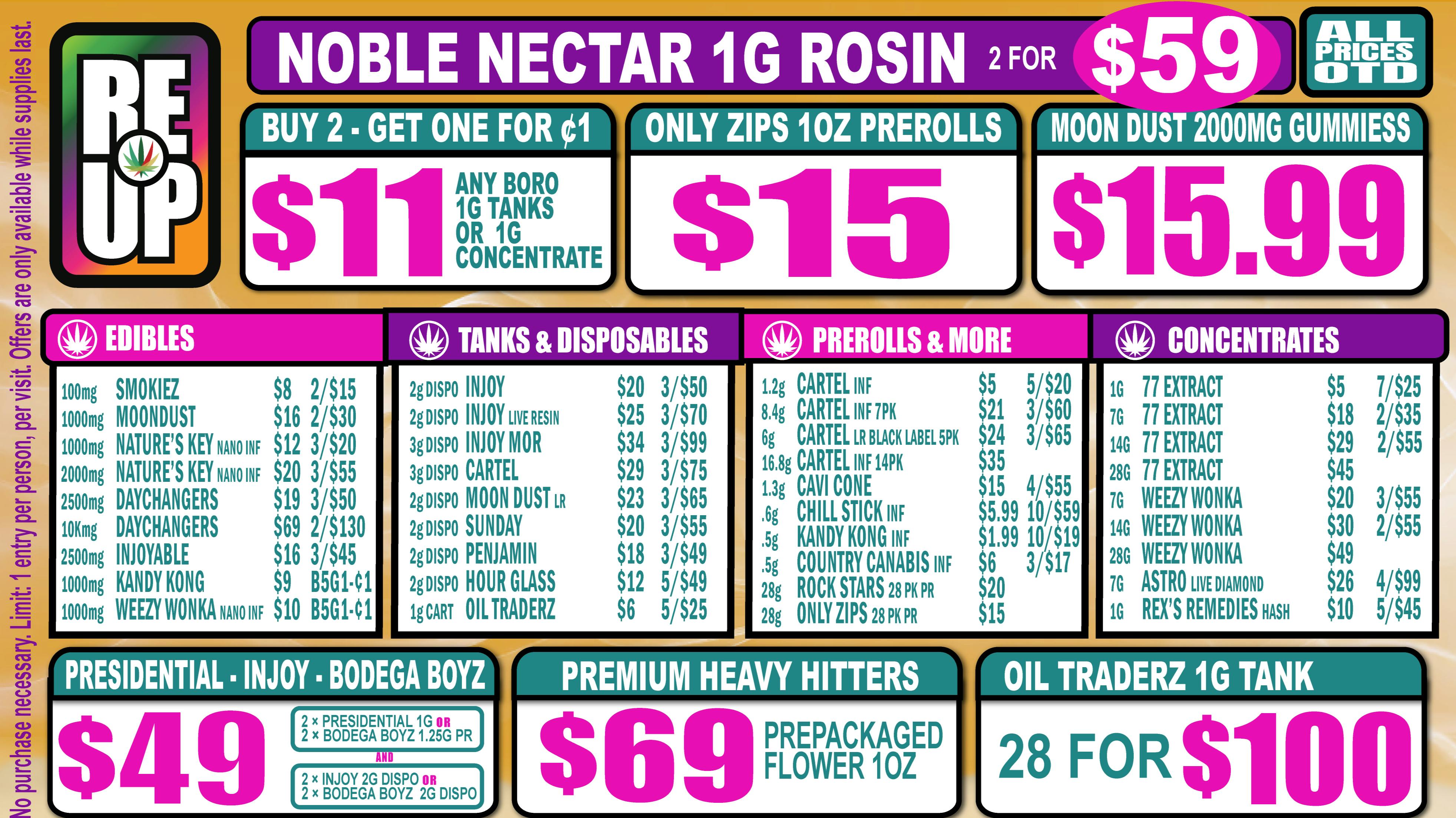 RE-UP Cannabis Dispensary ANY Boro 1g Wax/Carts BOGO ¢1/Prem Shake oz $10