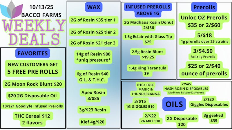 Bacco Farms Week of 10-13-25 Deals