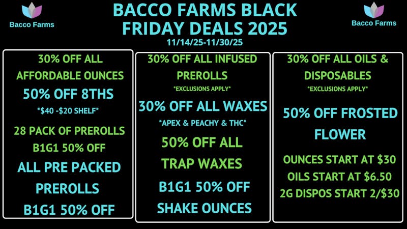 Bacco Farms Black Friday 2 Week Special