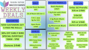 Bacco Farms Delivery WEEK OF 12-2 UNTIL 12-7