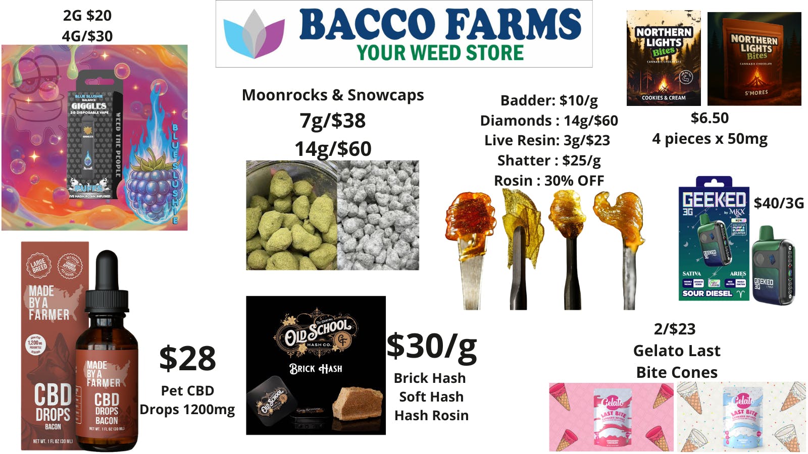 Bacco Farms Delivery Chocolates, Disposables, & High THC