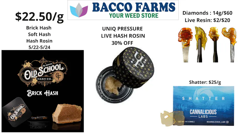 Bacco Farms Delivery Live Hash Rosin, Brick Hash, & more