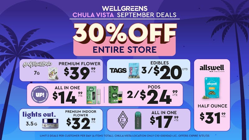 Wellgreens - Chula Vista - Marijuana Weed Dispensary September Deals: 30% off + More!