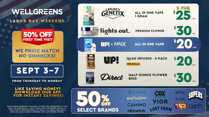 Wellgreens - Chula Vista - Marijuana Weed Dispensary Labor Day Deals! 9/3-9/7