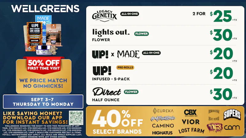 Wellgreens - Mission Valley - Marijuana Weed Dispensary Labor Day Deals! 9/3-9/7