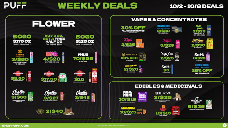 PUFF Monroe - RECREATIONAL 21+ NOW OPEN! 💚💨Puff's Weekly Deals 10/2-10/8 💨💚