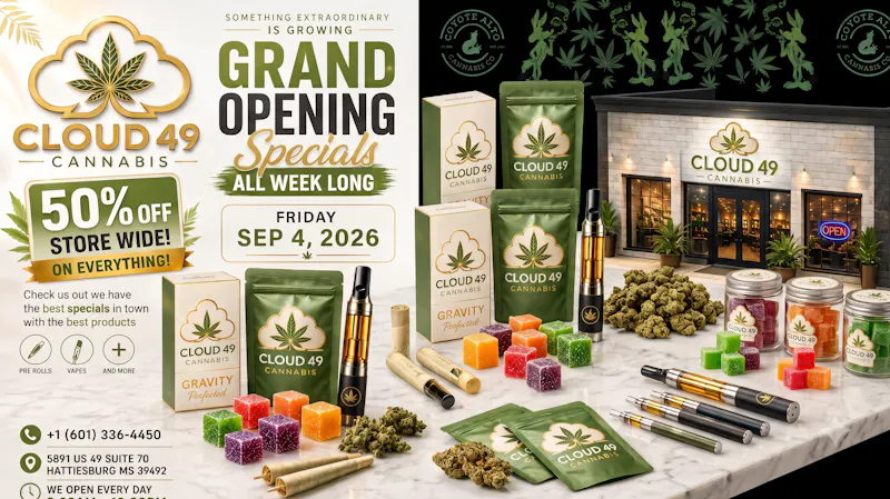 Cloud 49 cannabis Grand Opening x 50% Off Storewide