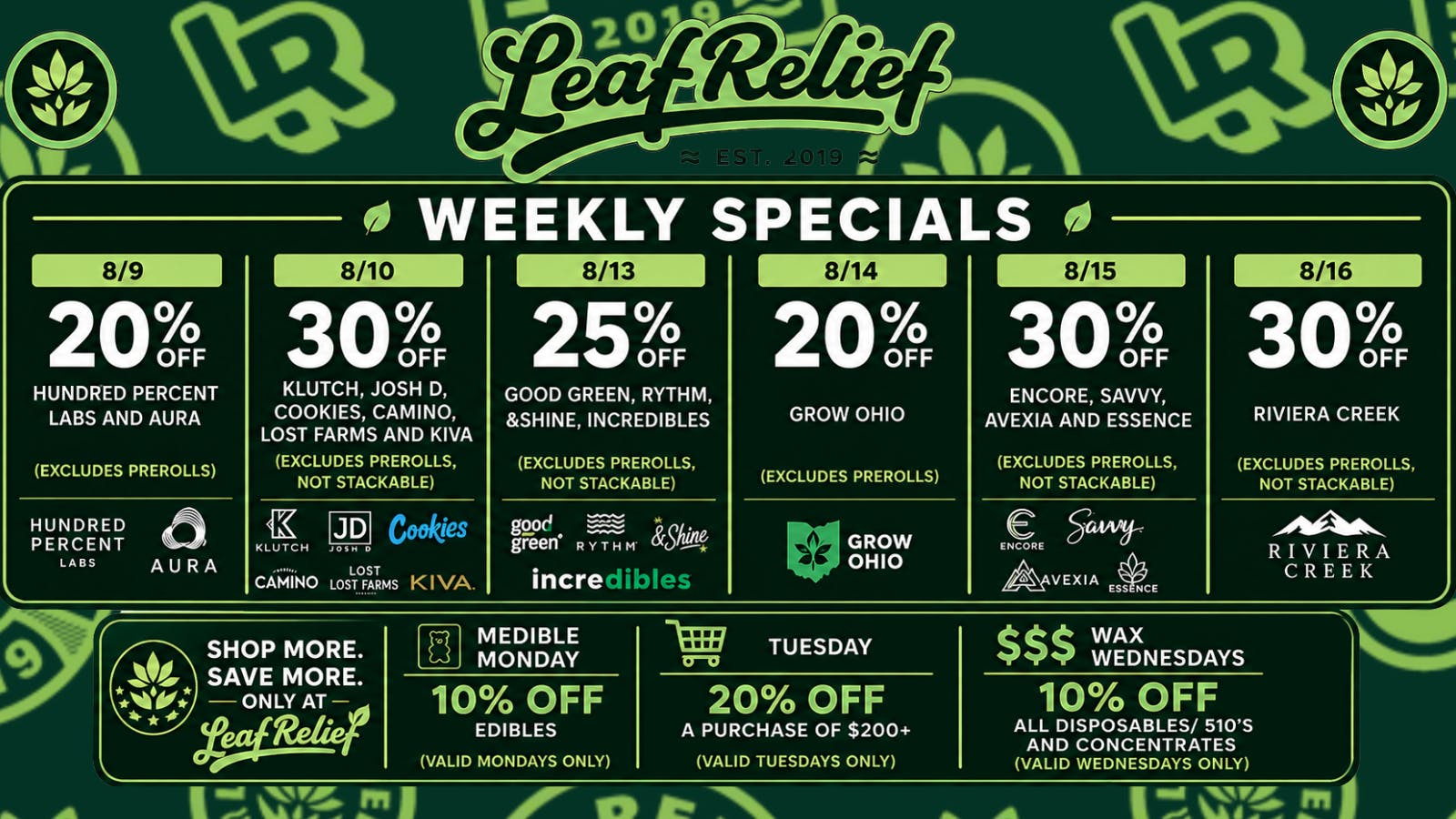Leaf Relief - Youngstown 30% off Klutch, Josh D, Cookies, Camino, Lost Farm