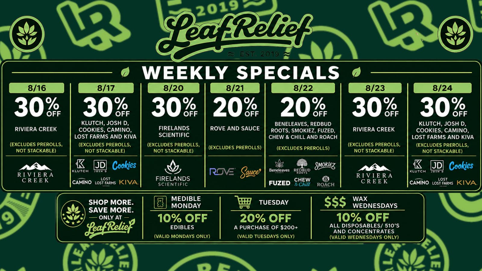 Leaf Relief - Reynoldsburg 30% off Klutch, Josh D, Cookies, Camino, Kiva