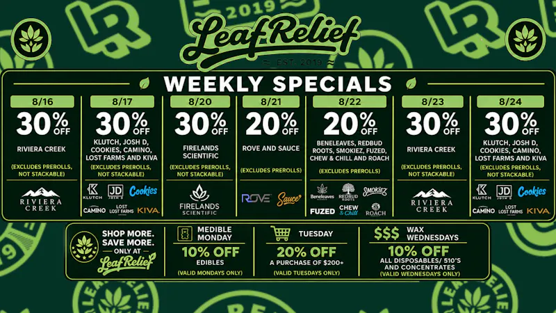 Leaf Relief - Reynoldsburg 30% off Klutch, Josh D, Cookies, Camino, Kiva