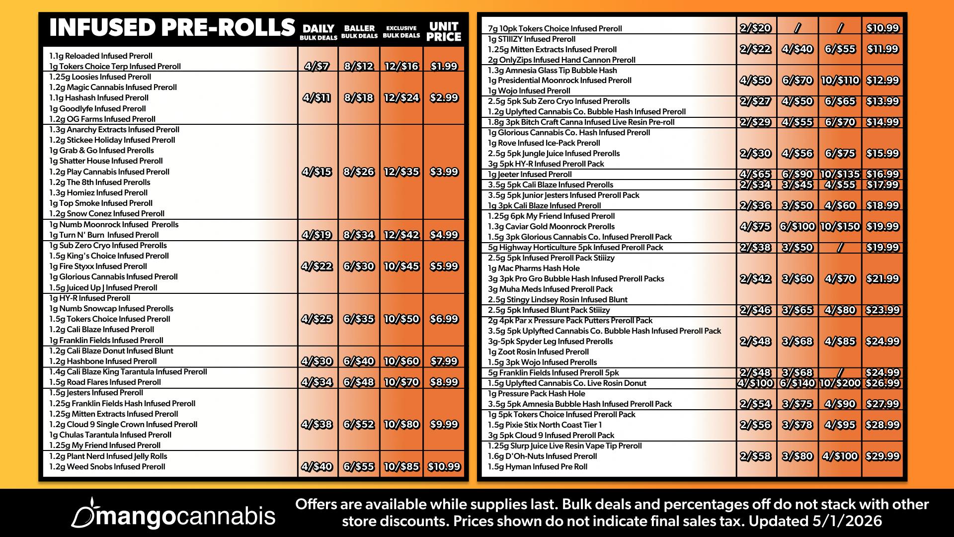 Mango Cannabis - New Buffalo - Now Open! MAX OUT 12/$16 1G Infused Prerolls