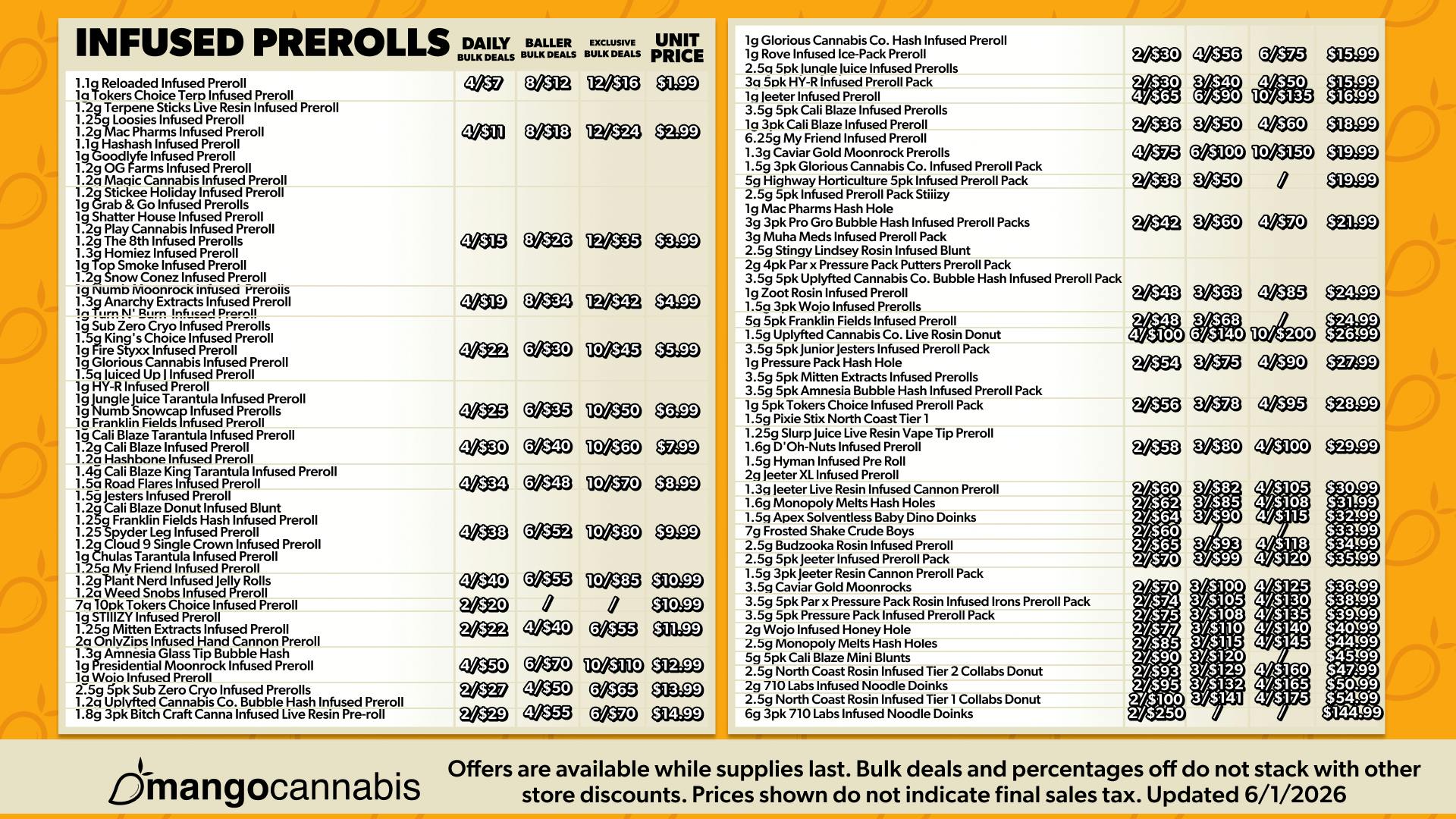 Mango Cannabis - New Buffalo - Now Open! MAX OUT 12/$16 1G Infused Prerolls